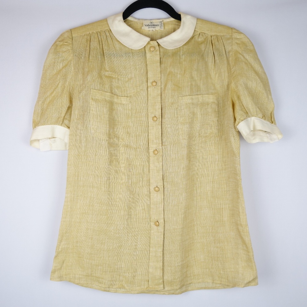 Vintage Valentino Boutique Tan & White Linen Button Up Top Made In Italy, Size 6